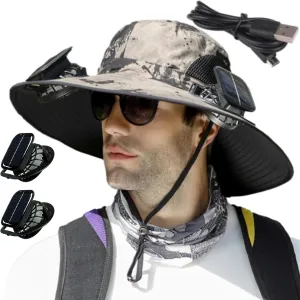 Solar Powered Outdoor Fishing Hat, Wide Brim Fan Outdoor Fishing Hat-Solar & USB Charging with Two Fans