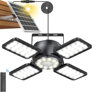 Solar Shed Light Outdoor Indoor Upgrade 1200LM 174LED 4 and 1 Heads Motion Sensor Pendant Light, Solar Lights with 5 Lighting Modes Remote Control IP65 Waterproof for Barn Patio Gazebo Shop