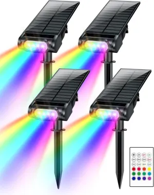 Solar Spot Lights Outdoor, 12 Color Modes Landscape Light Waterproof IP67 with Remote, 2-in-1 Color Changing/Cool/Warm White Solar Lights Outdoor for Yard Trees Garden Pool(Multicolor, 4 Pack)