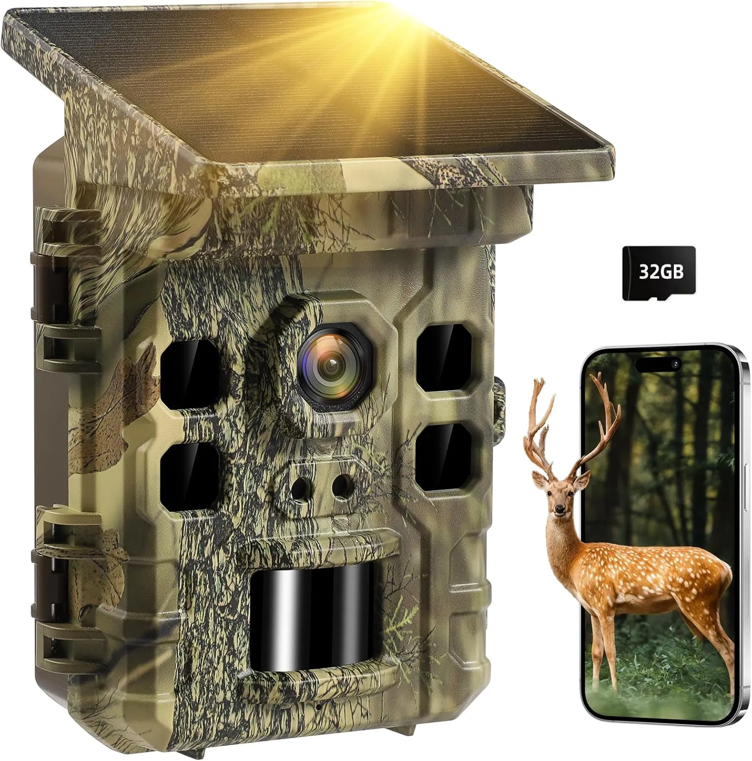 Solar Trail Camera 2.7K 32MP- WiFi Bluetooth Game Camera 130°Wide-Angle, Trail Cam with Night Vision Motion Activated 0.2s Trigger Waterproof IP66 Wildlife Cam