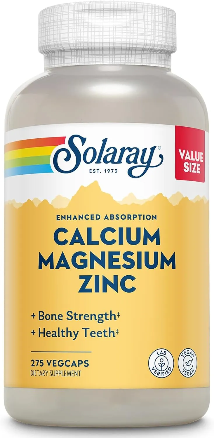 SOLARAY Calcium Magnesium Zinc Supplement - with Calcium 1000mg, Magnesium 500mg - Bone Health, Muscle Function, Heart Health and Immune Support - Vegan, 60 Day Guarantee, 68 Servings, 275 VegCaps