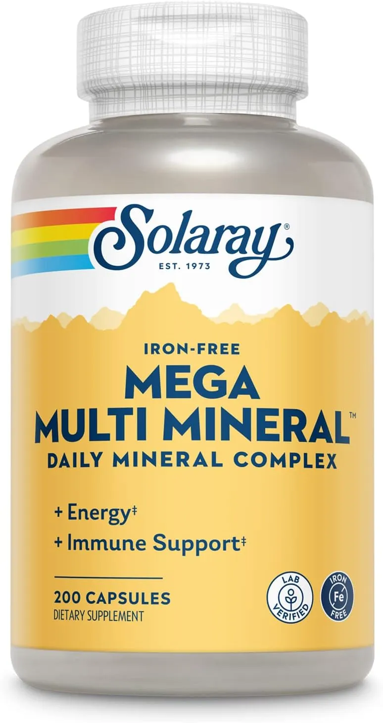 SOLARAY Iron-Free Mega Multi Mineral - Daily Mineral Complex w/Calcium, Magnesium, Zinc and More, Absorbable Chelated Forms, Energy and Immune Support, 60-Day Guarantee, 50 Servings, 200 Capsules