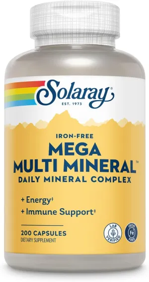 SOLARAY Iron-Free Mega Multi Mineral - Daily Mineral Complex w/Calcium, Magnesium, Zinc and More, Absorbable Chelated Forms, Energy and Immune Support, 60-Day Guarantee, 50 Servings, 200 Capsules