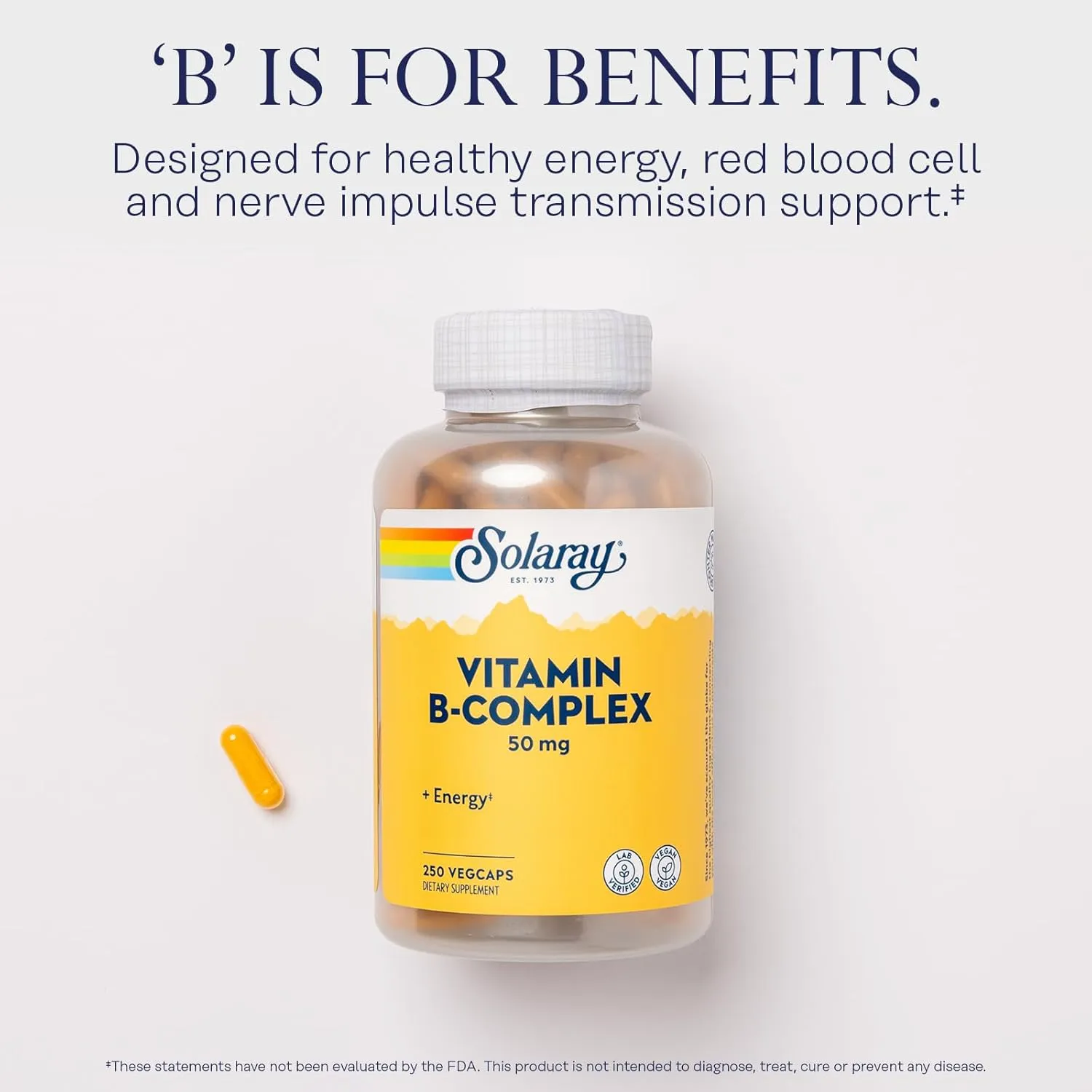 SOLARAY Vitamin B Complex 50 mg - Cellular Energy Vitamins - Metabolism and Nerve Health Support with Vitamin B12, Vitamin B1, B6, Niacin, Folic Acid, Biotin and Other B Vitamins - Vegan, 250 VegCaps