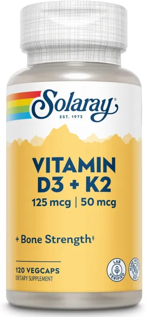 SOLARAY Vitamin D3 K2 - Bone Health and Immune Support Supplement - With 5000 IU Vitamin D as Vit D3 and 50 mcg Vitamin K2 as Menoquinone MK7, Made Without Soy, 60-Day Guarantee, 120 Serv, 120 VegCaps