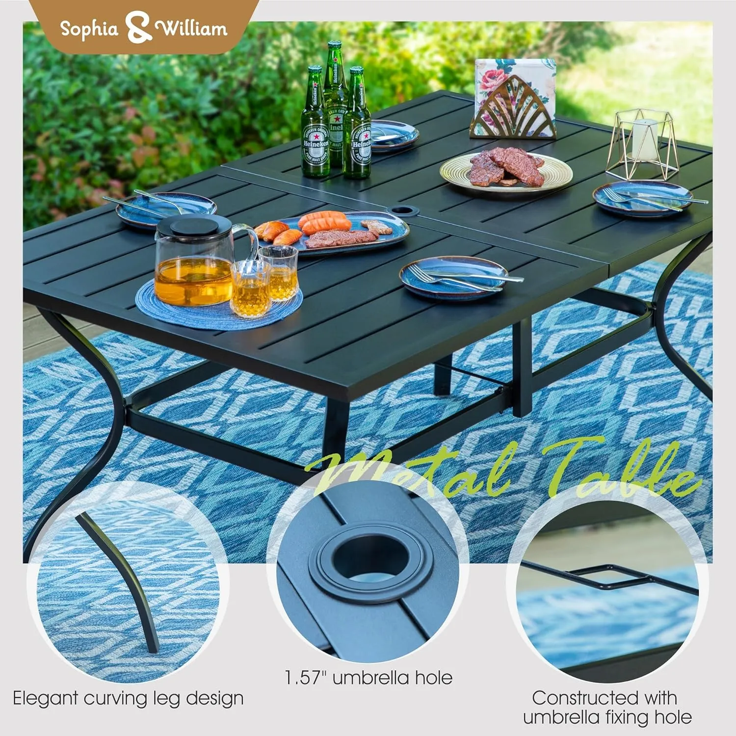 Sophia & William Patio Dining Set for 6 - Metal Outdoor Table & Chairs with 60" Rectangle Table, Quick-Dry Textilene High Back Chairs, 350lb Capacity