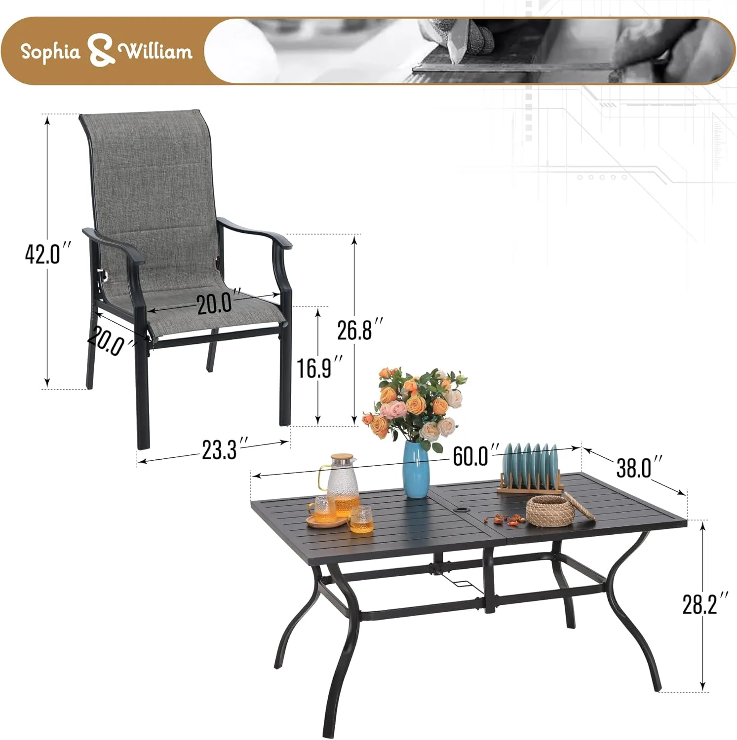 Sophia & William Patio Dining Set for 6 - Metal Outdoor Table & Chairs with 60" Rectangle Table, Quick-Dry Textilene High Back Chairs, 350lb Capacity