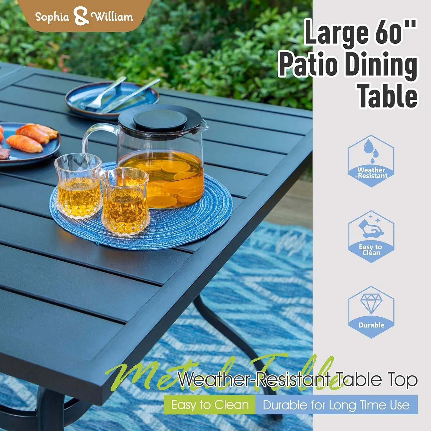 Sophia & William Patio Dining Set for 6 - Metal Outdoor Table & Chairs with 60" Rectangle Table, Quick-Dry Textilene High Back Chairs, 350lb Capacity