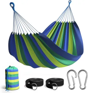Sorbus Brazilian Double Hammock - Extra-Long 2 Person Portable Hammock Bed for Indoor or Outdoor Spaces - Hanging Rope, Carrying Pouch Included (Blue/Green Stripes)