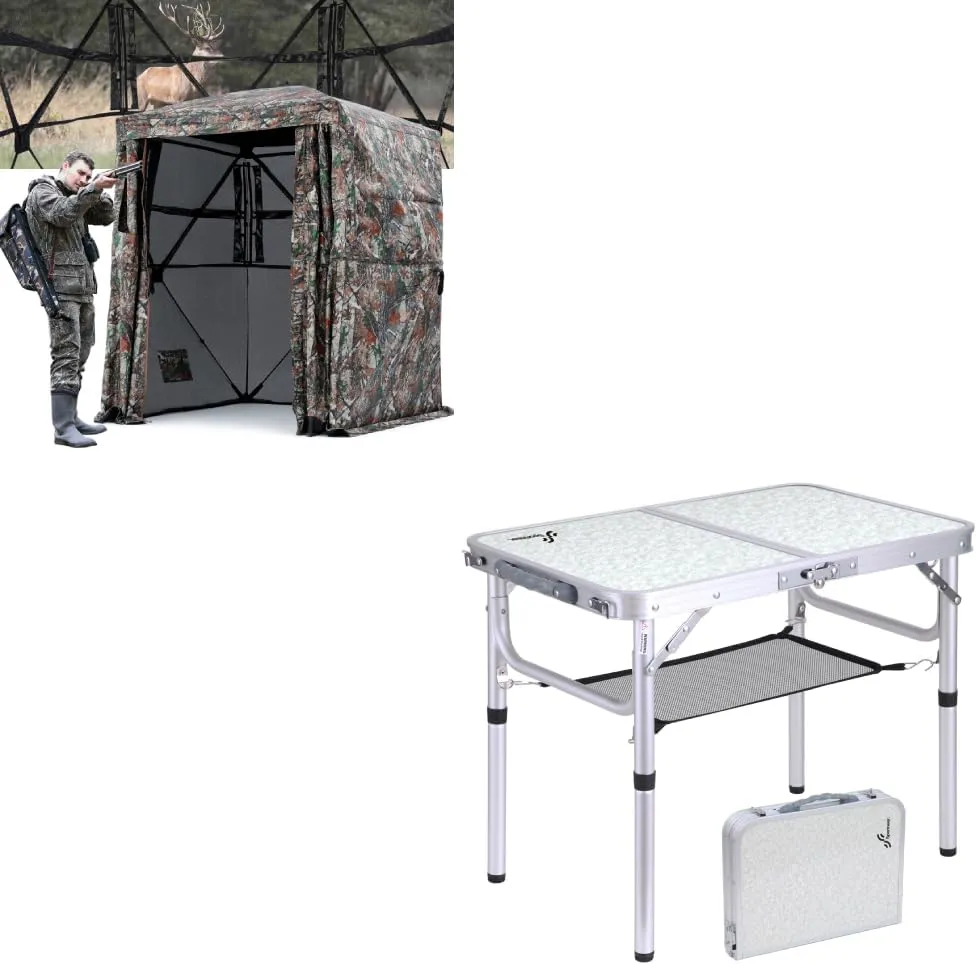 Sportneer Camping Table & Hunting Blind, Adjustable Height Small Folding Table with Mesh Layer, 80" Tall 270 Degree See Through Ground Blind for Deer Hunting