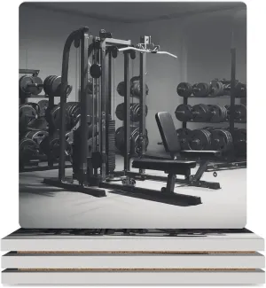 Square Ceramic Table Coasters Set,Gym Equipment Print Ceramic Coasters with Cork Base,Decorative Coffee Cup Beverage Coasters