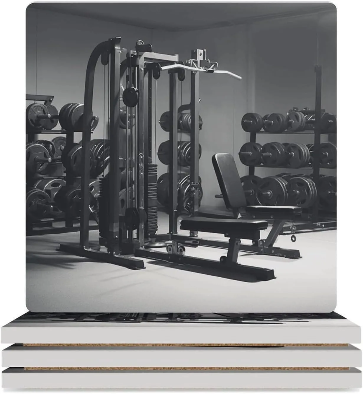 Square Ceramic Table Coasters Set,Gym Equipment Print Ceramic Coasters with Cork Base,Decorative Coffee Cup Beverage Coasters