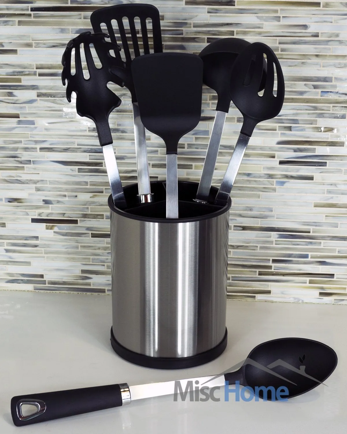 Stainless Steel Kitchen Utensil Holder – Rotating Cooking Utensil Holder Made From Fingerprint Resistant Brushed Stainless Steel