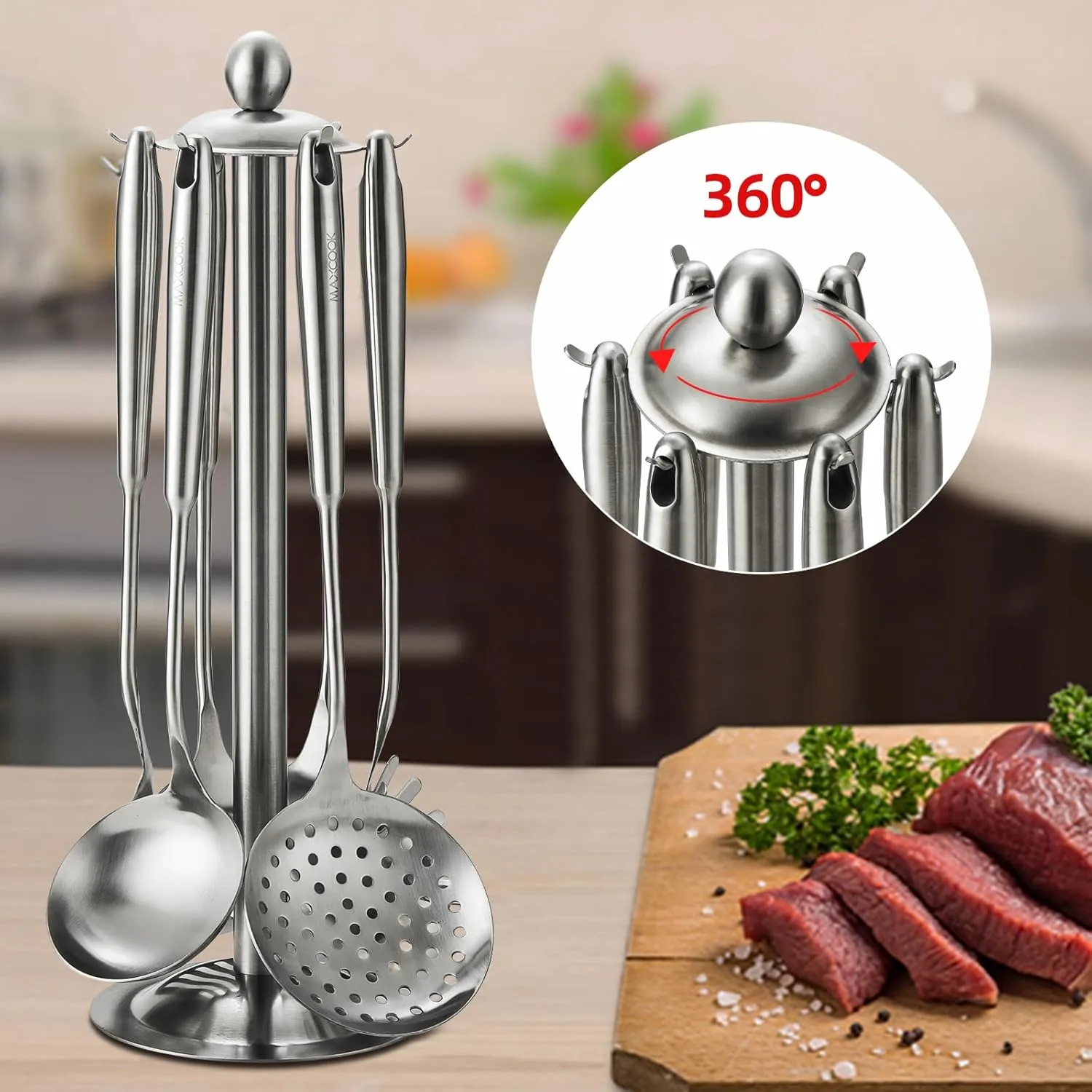 Stainless Steel Kitchen Utensil Set of 7, 7 Pieces Cookware Set with Rotating Holder, Heat Resistant Cooking Spoon, Dishwasher Safe