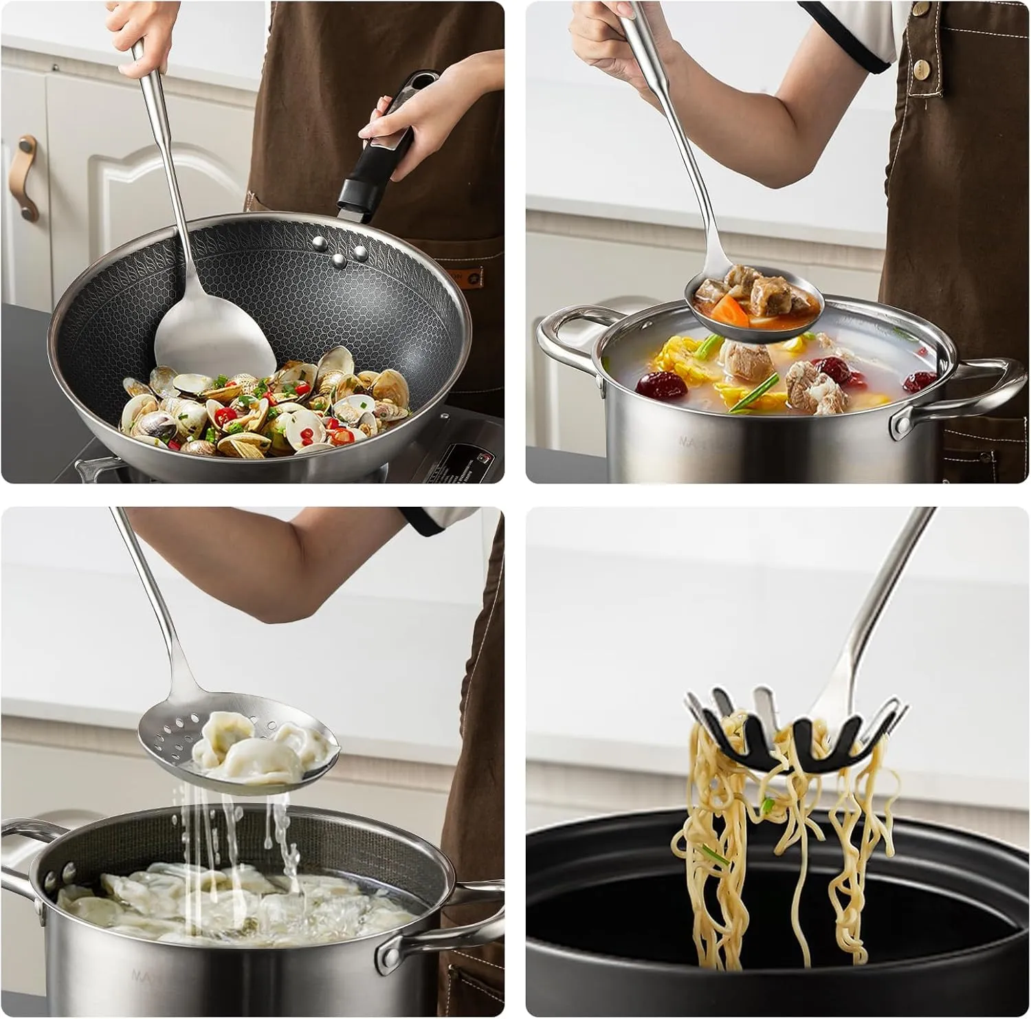 Stainless Steel Kitchen Utensil Set of 7, 7 Pieces Cookware Set with Rotating Holder, Heat Resistant Cooking Spoon, Dishwasher Safe