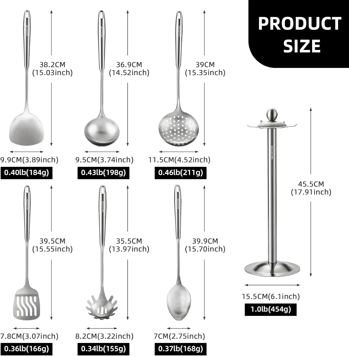 Stainless Steel Kitchen Utensil Set of 7, 7 Pieces Cookware Set with Rotating Holder, Heat Resistant Cooking Spoon, Dishwasher Safe