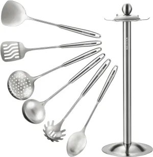 Stainless Steel Kitchen Utensil Set of 7, 7 Pieces Cookware Set with Rotating Holder, Heat Resistant Cooking Spoon, Dishwasher Safe