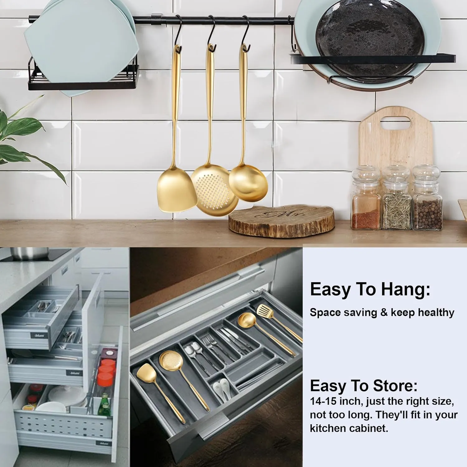 Stainless Steel Kitchen Utensils Gold, 9 PCS All Metal Cooking Utensils Set with Solid Spoon, Slotted Spoon, Fork, Spatula, Ladle, Skimmer, Slotted Tunner, Spaghetti Spoon, Large Spoon 14 Inch