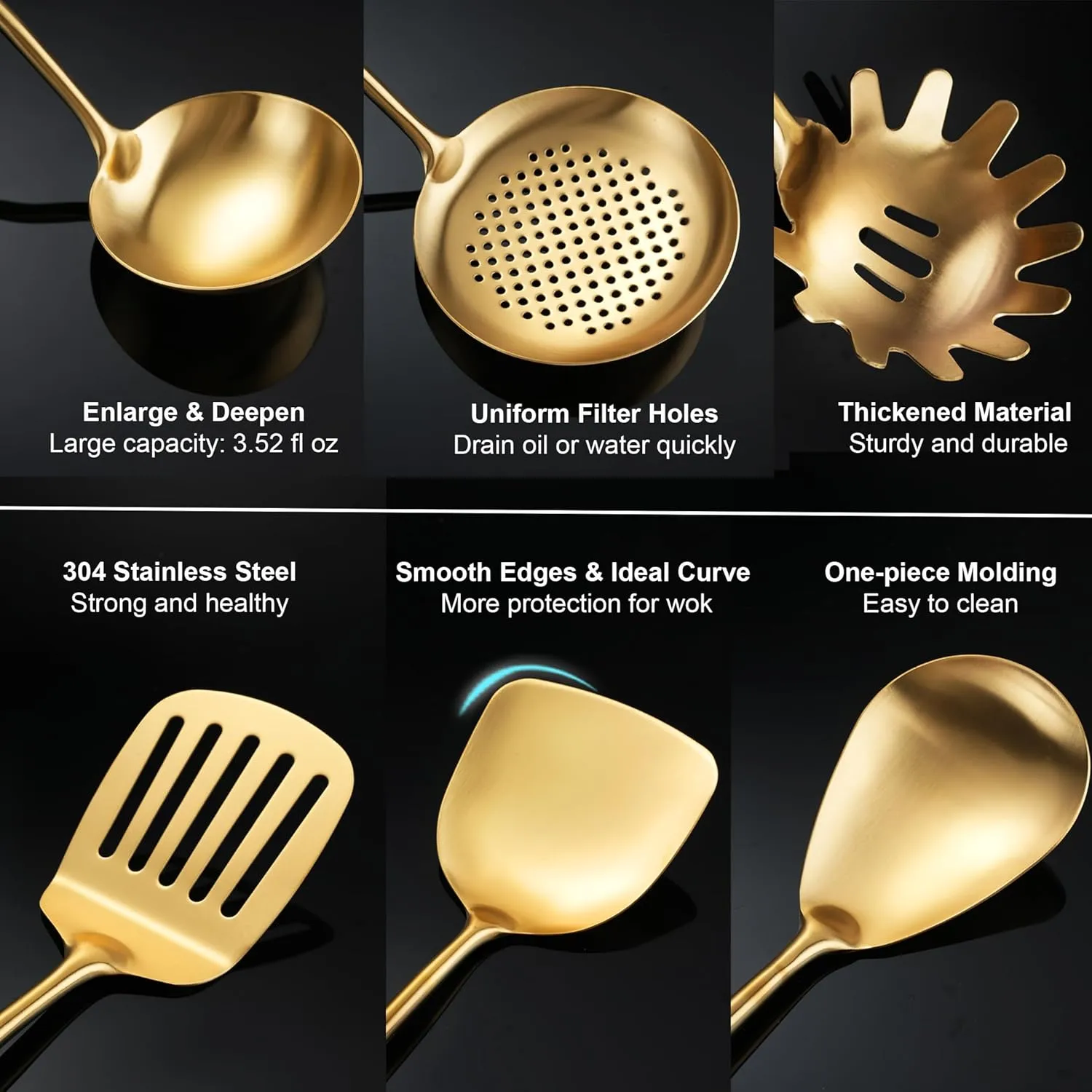 Stainless Steel Kitchen Utensils Gold, 9 PCS All Metal Cooking Utensils Set with Solid Spoon, Slotted Spoon, Fork, Spatula, Ladle, Skimmer, Slotted Tunner, Spaghetti Spoon, Large Spoon 14 Inch