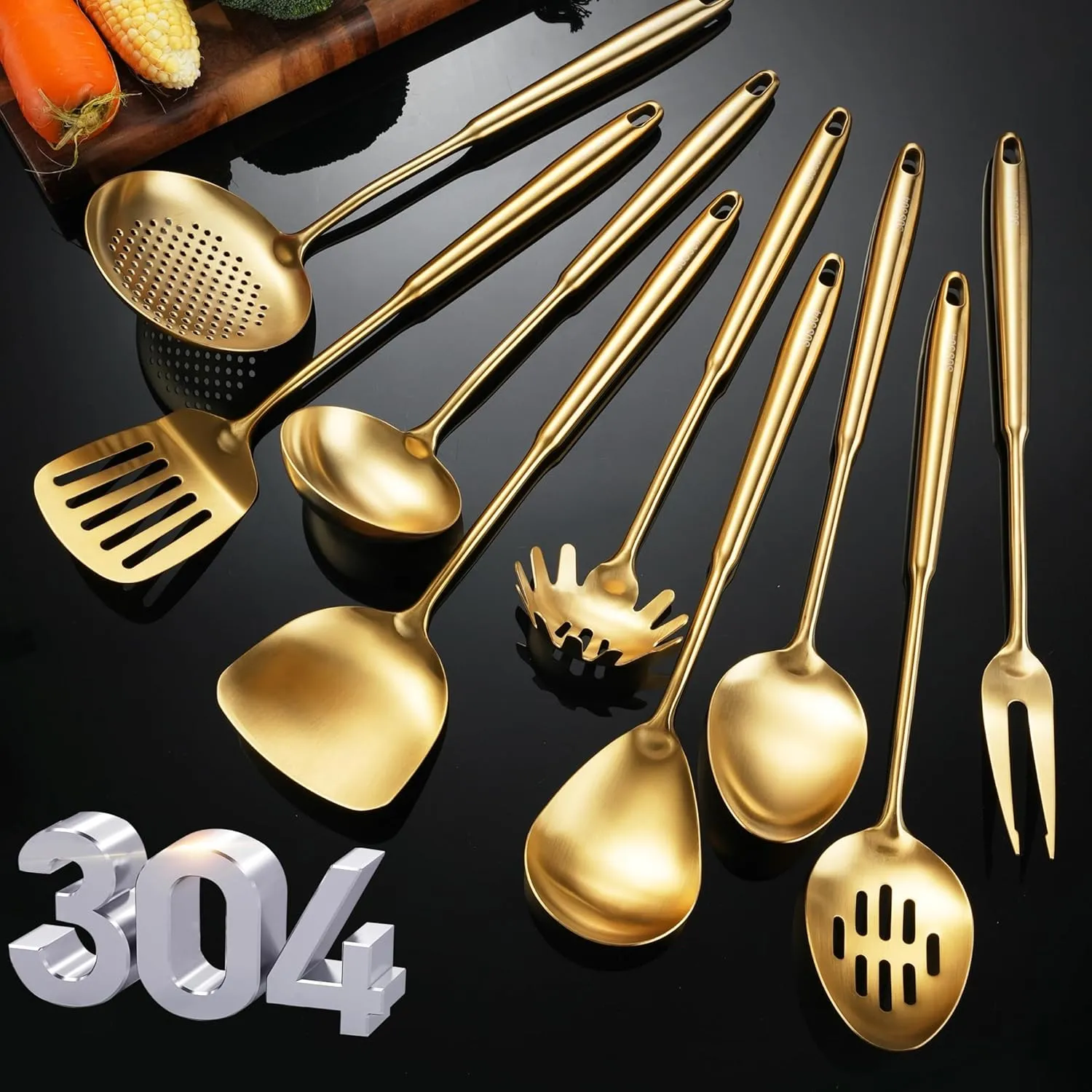 Stainless Steel Kitchen Utensils Gold, 9 PCS All Metal Cooking Utensils Set with Solid Spoon, Slotted Spoon, Fork, Spatula, Ladle, Skimmer, Slotted Tunner, Spaghetti Spoon, Large Spoon 14 Inch