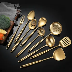 Stainless Steel Kitchen Utensils Gold, 9 PCS All Metal Cooking Utensils Set with Solid Spoon, Slotted Spoon, Fork, Spatula, Ladle, Skimmer, Slotted Tunner, Spaghetti Spoon, Large Spoon 14 Inch