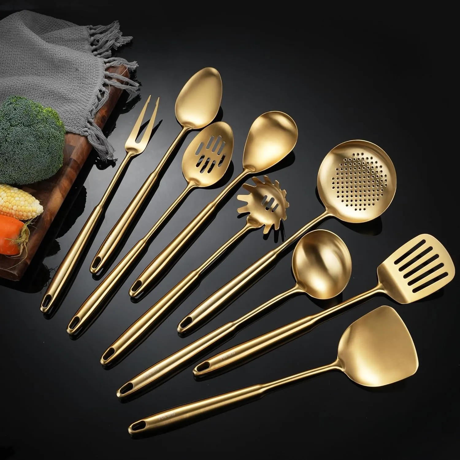Stainless Steel Kitchen Utensils Gold, 9 PCS All Metal Cooking Utensils Set with Solid Spoon, Slotted Spoon, Fork, Spatula, Ladle, Skimmer, Slotted Tunner, Spaghetti Spoon, Large Spoon 14 Inch