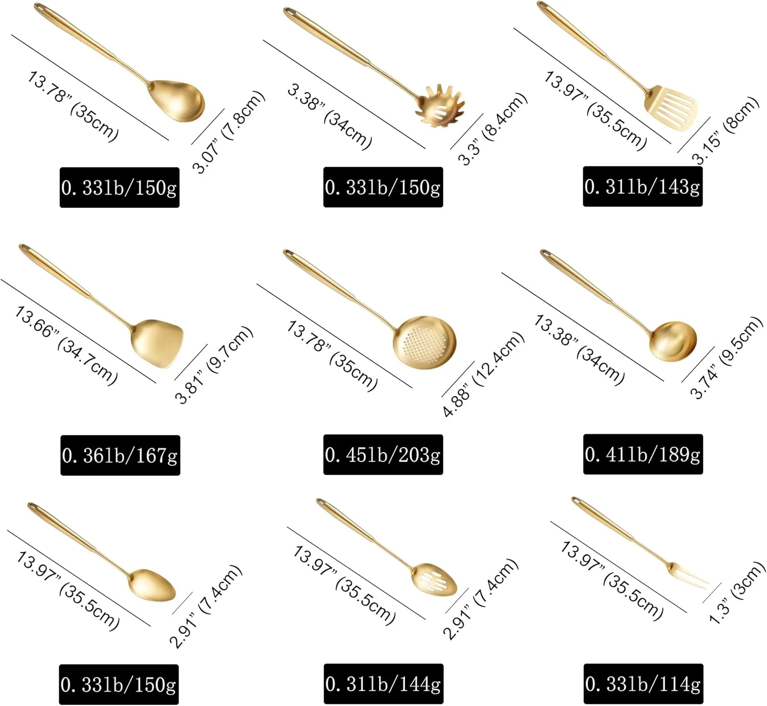 Stainless Steel Kitchen Utensils Gold, 9 PCS All Metal Cooking Utensils Set with Solid Spoon, Slotted Spoon, Fork, Spatula, Ladle, Skimmer, Slotted Tunner, Spaghetti Spoon, Large Spoon 14 Inch