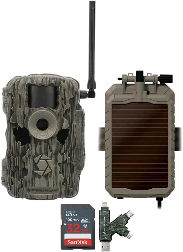 Stealth Cam 36MP Fusion Max Cellular Trail Camera Bundle with Lithium Solar Power Panel, 32GB Memory Card, and Card Reader (4 Items)