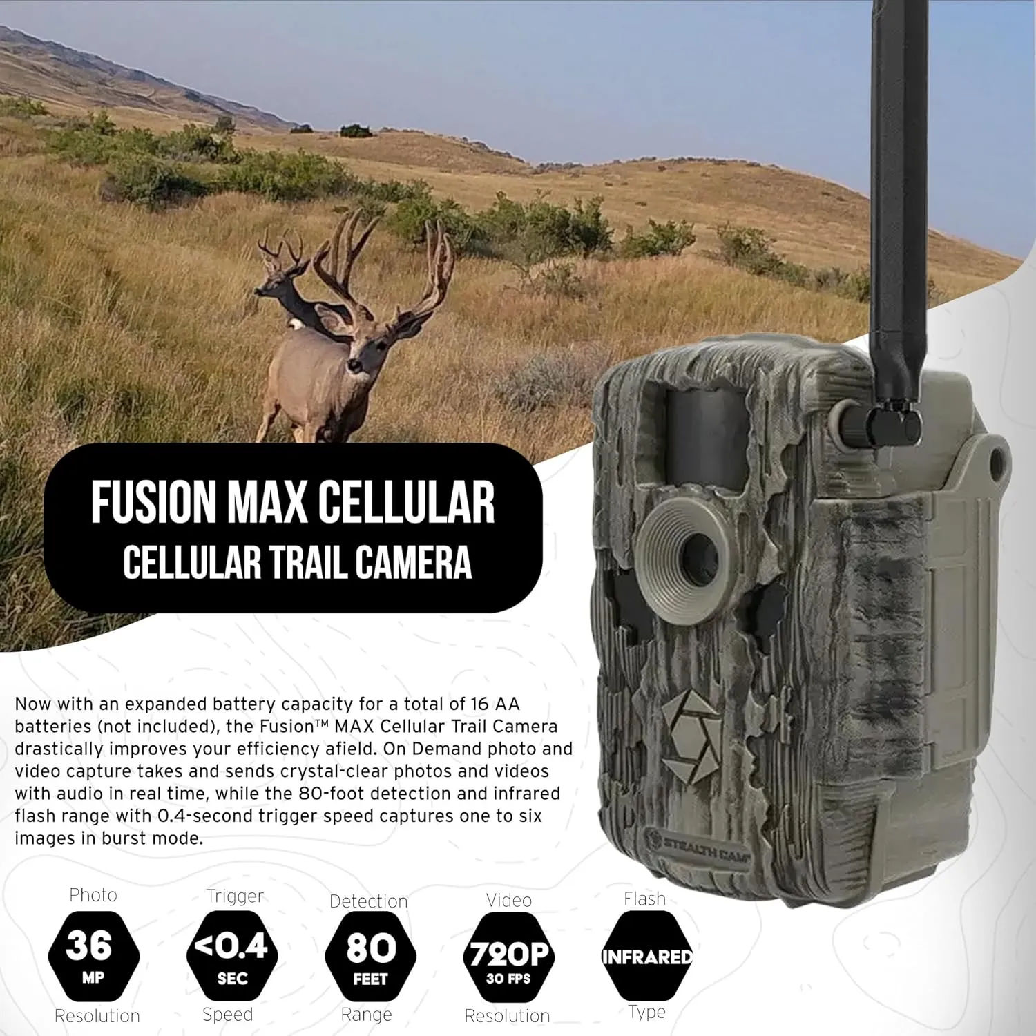 Stealth Cam 36MP Fusion Max Cellular Trail Camera Bundle with Lithium Solar Power Panel, 32GB Memory Card, and Card Reader (4 Items)