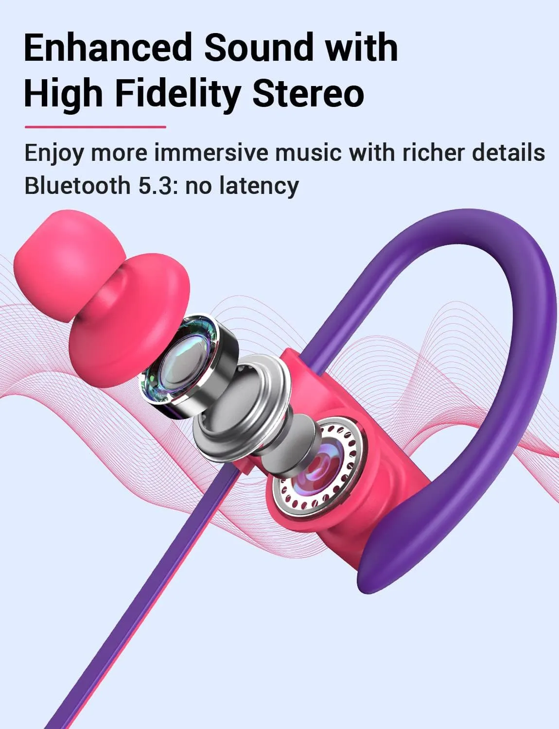 Stiive Bluetooth Headphones, 5.3 Wireless Sports Earbuds IPX7 Waterproof with Mic, Stereo Sweatproof in-Ear Earphones, Noise Cancelling Headsets for Gym Running Workout, 16 Hours Playtime - RedPurple