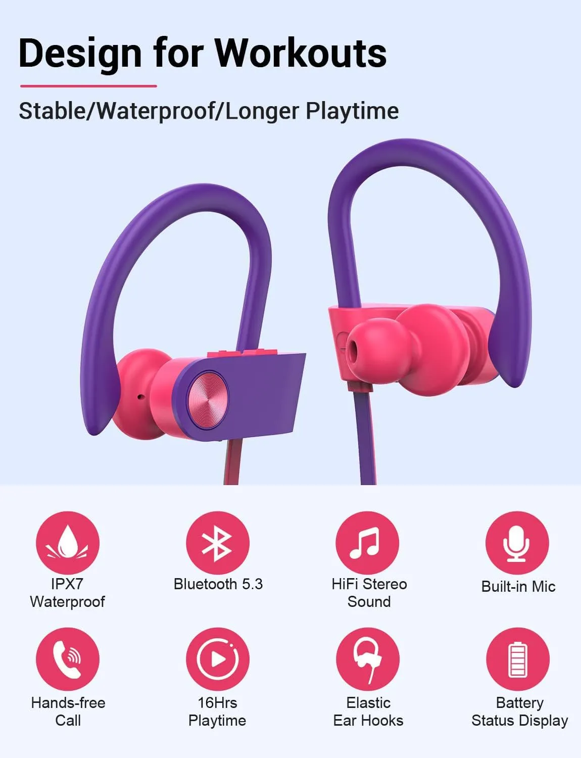 Stiive Bluetooth Headphones, 5.3 Wireless Sports Earbuds IPX7 Waterproof with Mic, Stereo Sweatproof in-Ear Earphones, Noise Cancelling Headsets for Gym Running Workout, 16 Hours Playtime - RedPurple