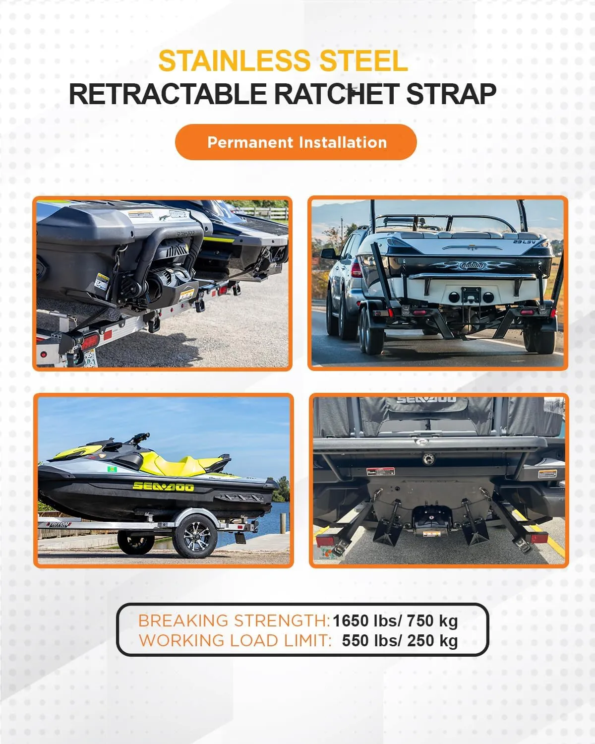 Strapinno 2PCS Stainless Steel Retractable Ratchet Straps (1 7/8 in x 4 ft) Transom Tie Downs for Boat Trailer - Extra Mounting Brackets & Bolt Set, Boat Accessories, Break Strength 1,650LB/750KG