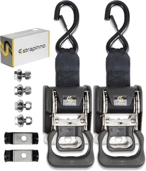 Strapinno 2PCS Stainless Steel Retractable Ratchet Straps (1 7/8 in x 4 ft) Transom Tie Downs for Boat Trailer - Extra Mounting Brackets & Bolt Set, Boat Accessories, Break Strength 1,650LB/750KG