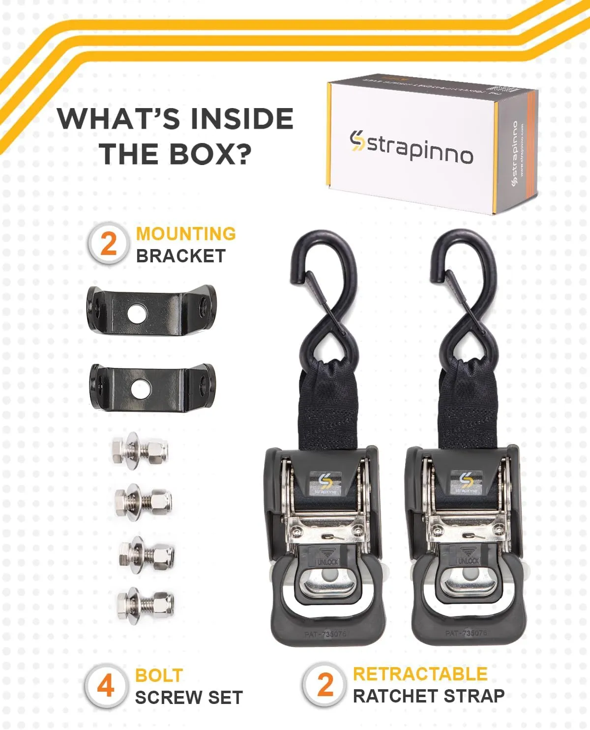 Strapinno 2PCS Stainless Steel Retractable Ratchet Straps (1 7/8 in x 4 ft) Transom Tie Downs for Boat Trailer - Extra Mounting Brackets & Bolt Set, Boat Accessories, Break Strength 1,650LB/750KG