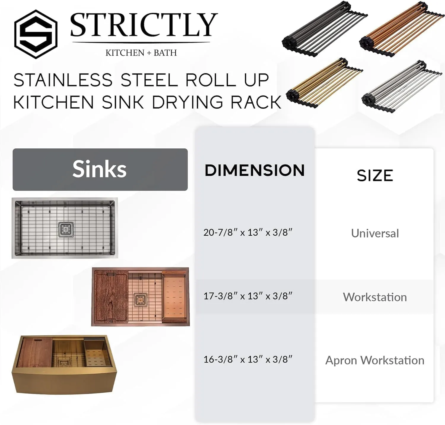 Strictly Sinks Stainless Steel Dish Drying Rack – Gold 21 X 13 Inches Roll Up Dish Drying Rack – Multipurpose Foldable Over The Sink Kitchen Drainer, Countertop Cooling Rack