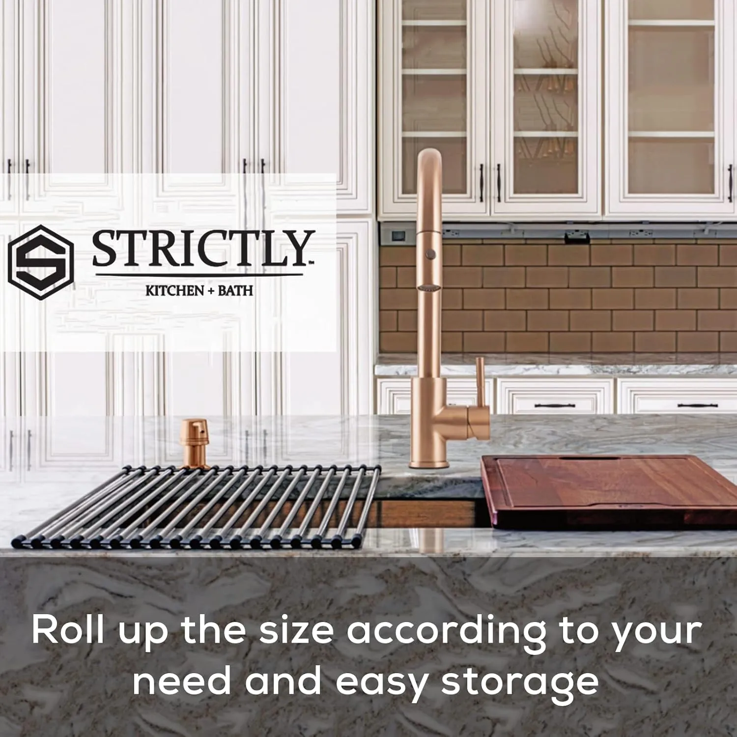 Strictly Sinks Stainless Steel Dish Drying Rack – Gold 21 X 13 Inches Roll Up Dish Drying Rack – Multipurpose Foldable Over The Sink Kitchen Drainer, Countertop Cooling Rack