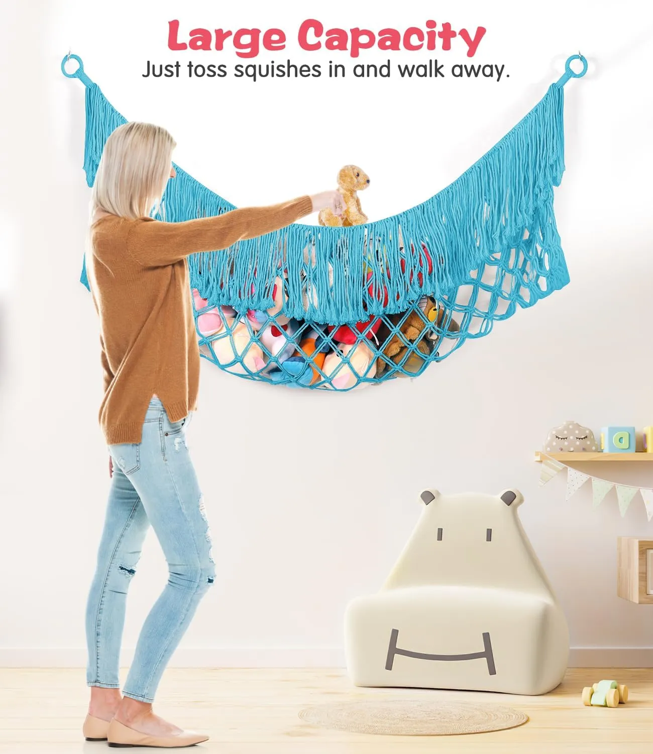 Stuffed Animal Hammock - Extra Large 56'' Long, Stuffed Animal Storage, stuffed animal Holder net, Toy Hammock Large, Toy Storage Hanging Organizer - Blue