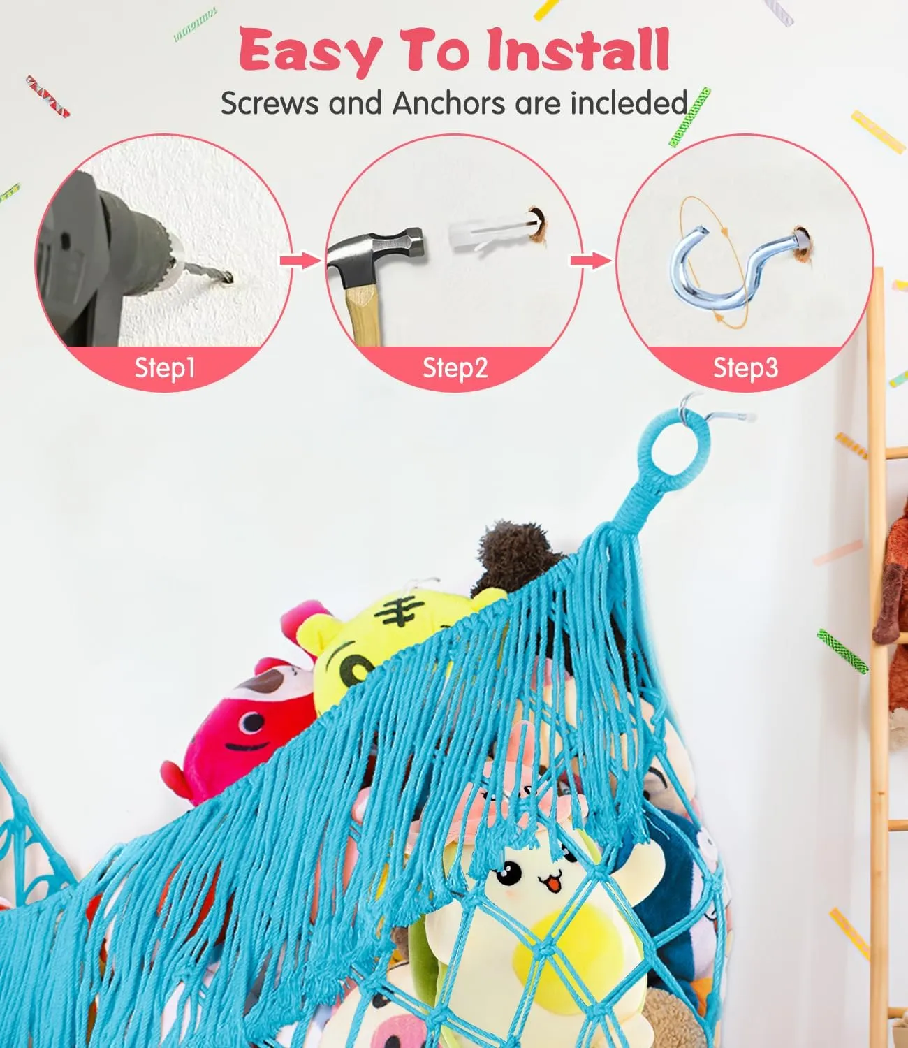 Stuffed Animal Hammock - Extra Large 56'' Long, Stuffed Animal Storage, stuffed animal Holder net, Toy Hammock Large, Toy Storage Hanging Organizer - Blue