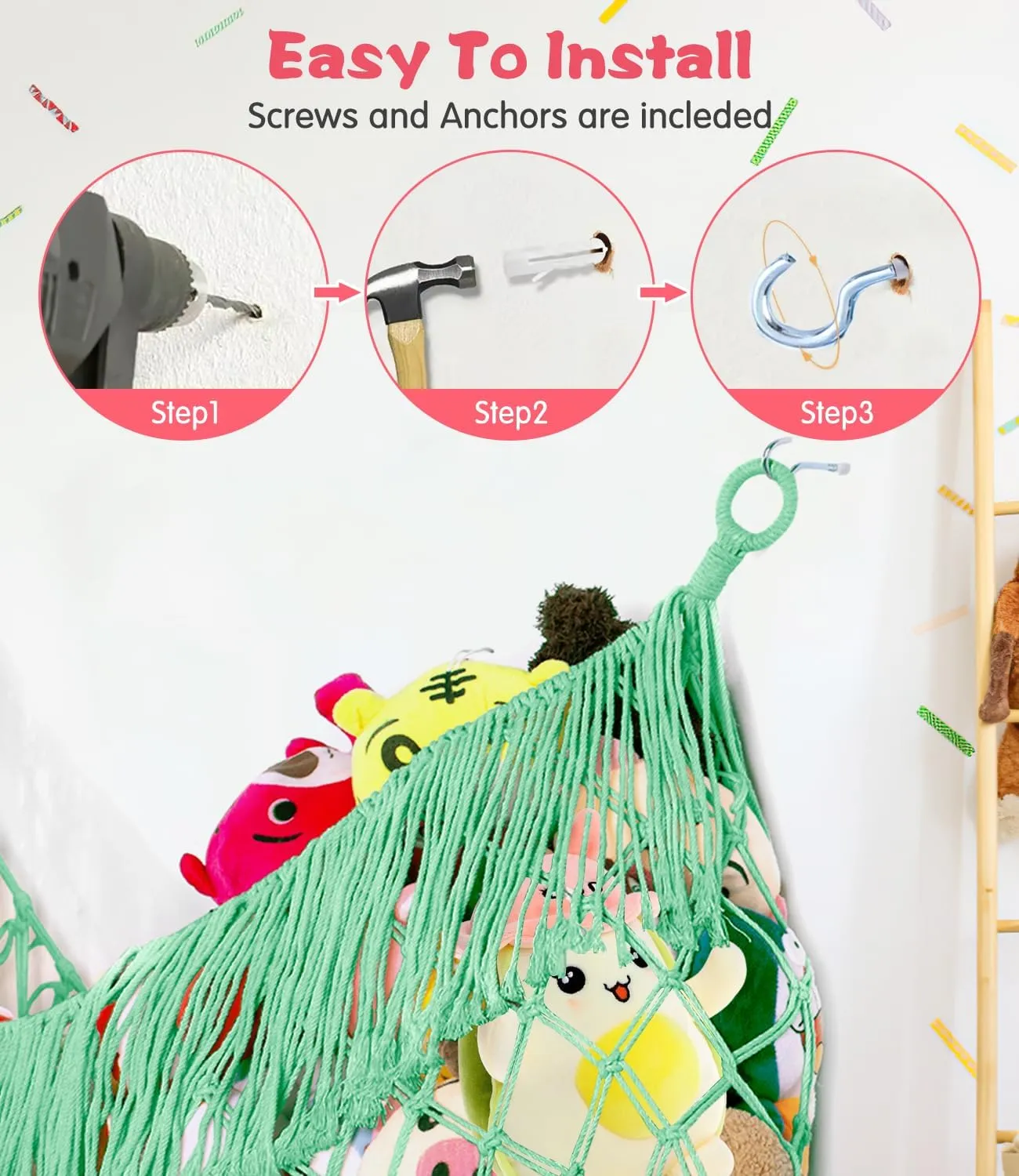 Stuffed Animal Hammock - Extra Large 56'' Long, Stuffed Animal Storage, stuffed animal Holder net, Toy Hammock Large, Toy Storage Hanging Organizer - Matcha green