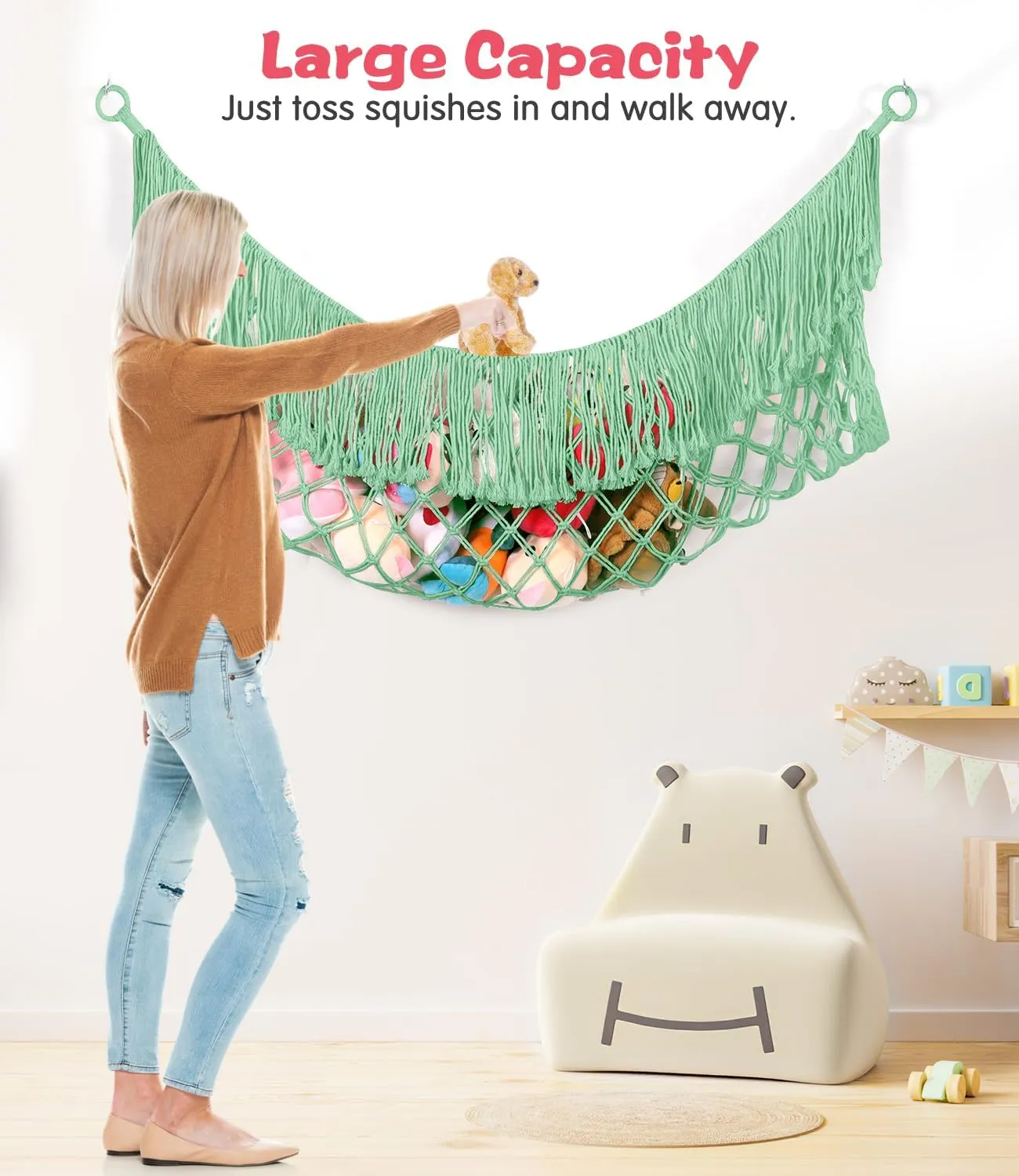 Stuffed Animal Hammock - Extra Large 56'' Long, Stuffed Animal Storage, stuffed animal Holder net, Toy Hammock Large, Toy Storage Hanging Organizer - Matcha green