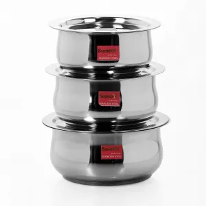 Sumeet 3 Pcs Stainless Steel Induction & Gas Stove Friendly Belly Shape Container Set/Tope/Cookware Set With Lids Size No.10 to No.12