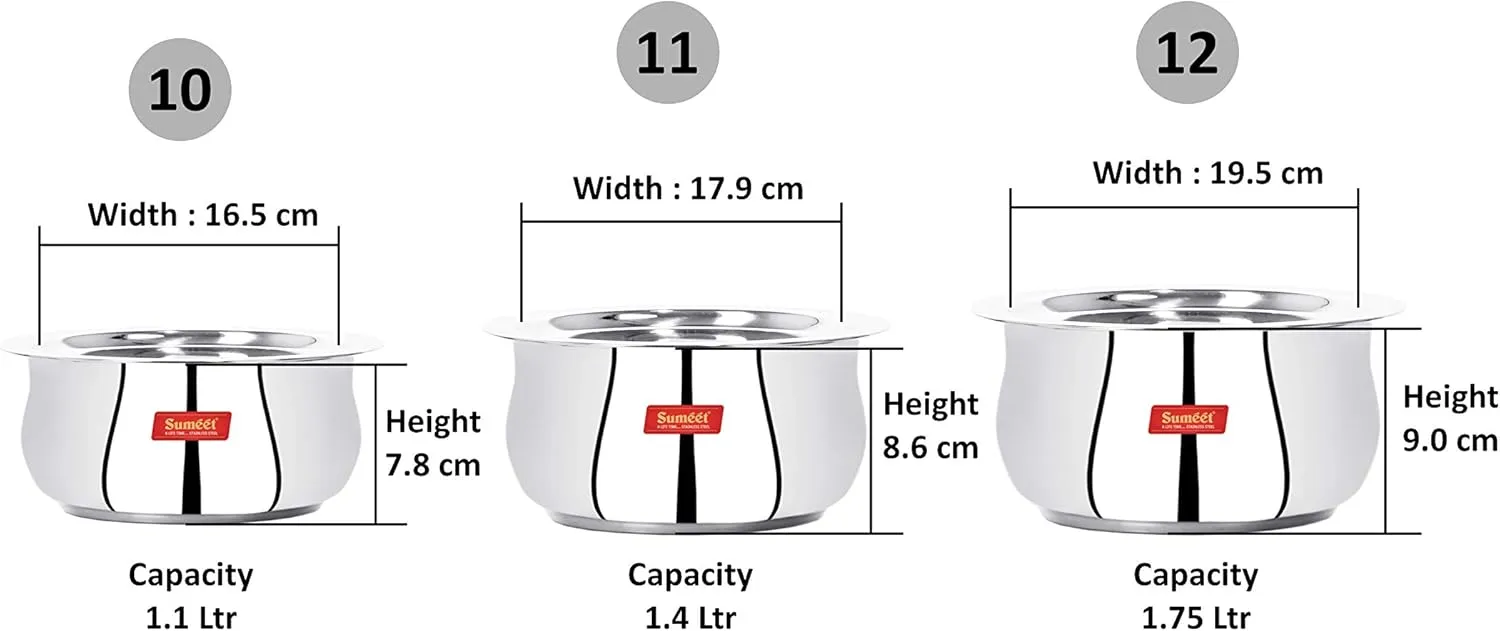 Sumeet 3 Pcs Stainless Steel Induction & Gas Stove Friendly Belly Shape Container Set/Tope/Cookware Set With Lids Size No.10 to No.12