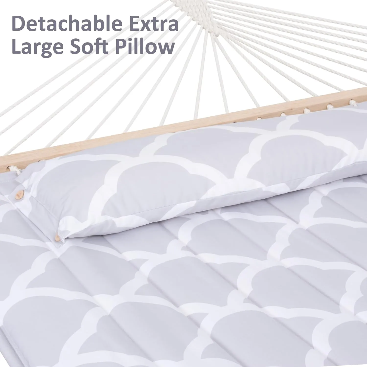 SUNCREAT Double Hammock, Extra Large Quilted Fabric Swing with Hardwood Spreader Bars & Detachable Pillow, Heavy Duty, Perfect for Indoor/Outdoor Patio, Deck, Yard, Gray Cloud