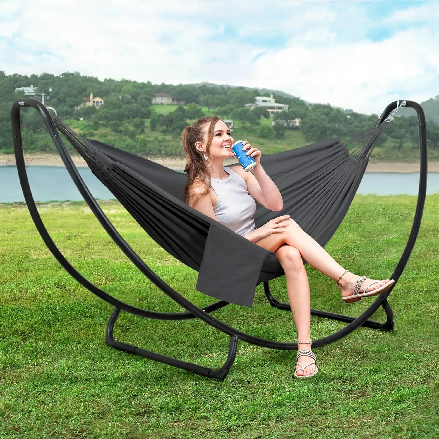 SUNCREAT Hammocks for Outside with Stand, Porch Hammock and Stand, 475 lbs Capacity, Patent Pending, Dark Gray
