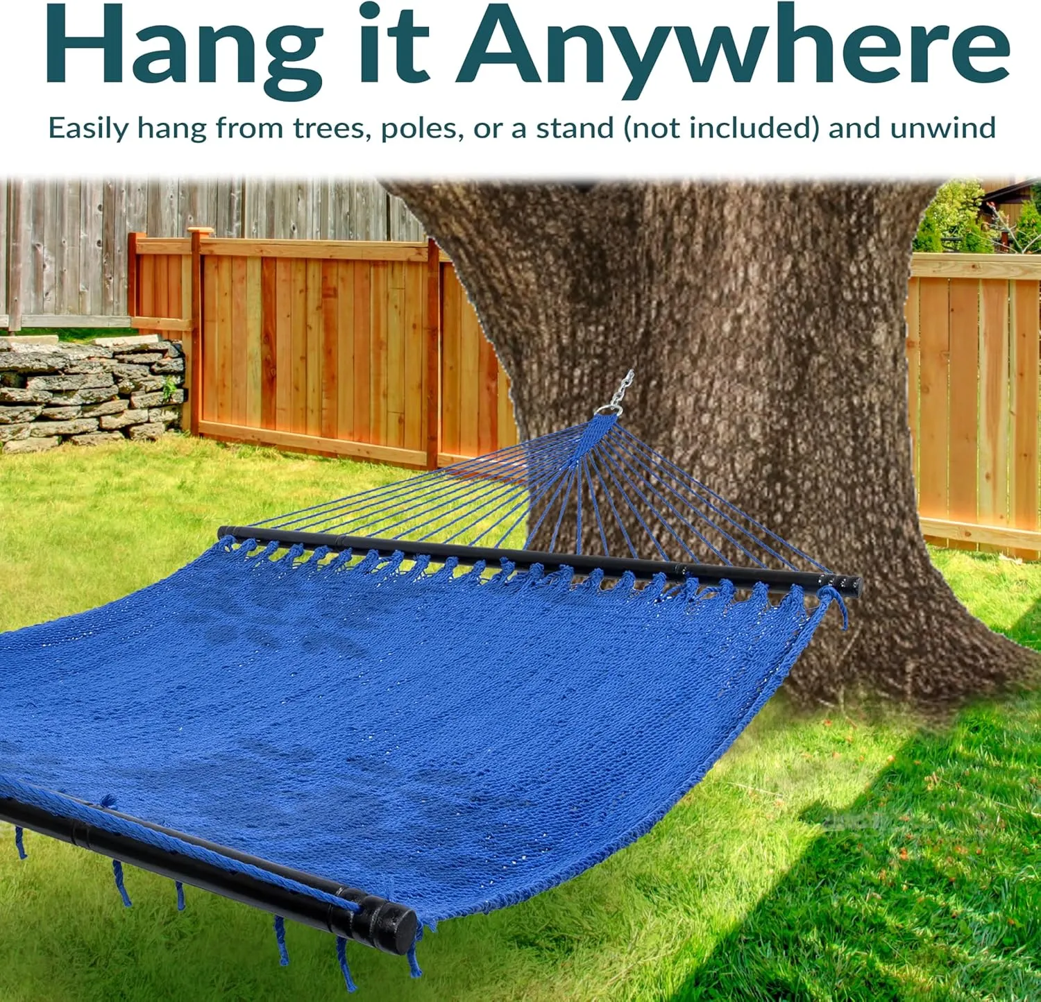 Sunnydaze Soft-Spun Polyester Rope Double Hammock for Outside - 600-Pound Weight Capacity Extra Large Hammock - Blue