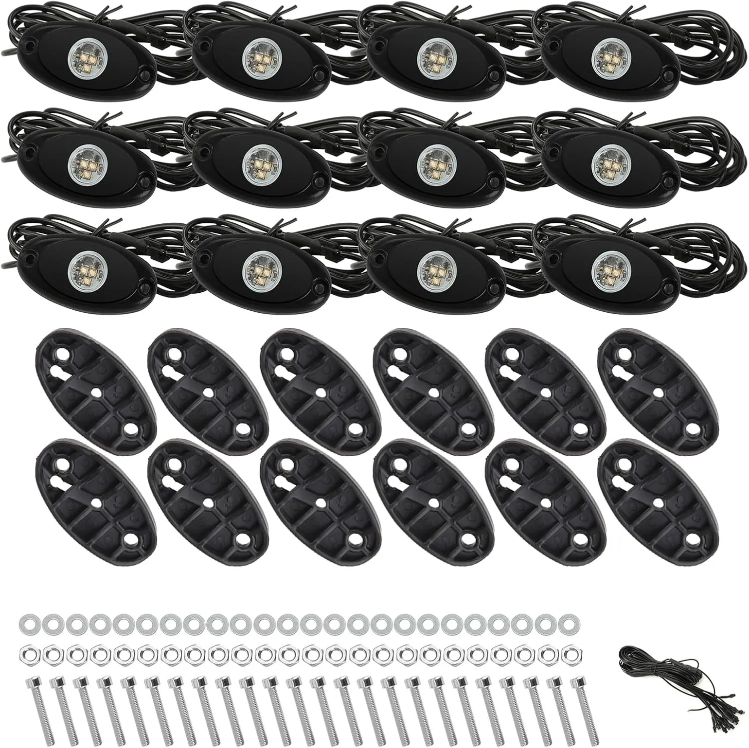 SUNPIE 12 Pods Quick Connect Amber Rock Lights, 4M Extension Wires Each Light, 3 High Power Chips, Rubber Mounting Pads, IP67 Waterproof Rock Lights Fits for Trucks Trailer Cars SUV ATV UTV Boats