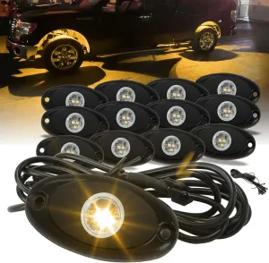 SUNPIE 12 Pods Quick Connect Amber Rock Lights, 4M Extension Wires Each Light, 3 High Power Chips, Rubber Mounting Pads, IP67 Waterproof Rock Lights Fits for Trucks Trailer Cars SUV ATV UTV Boats