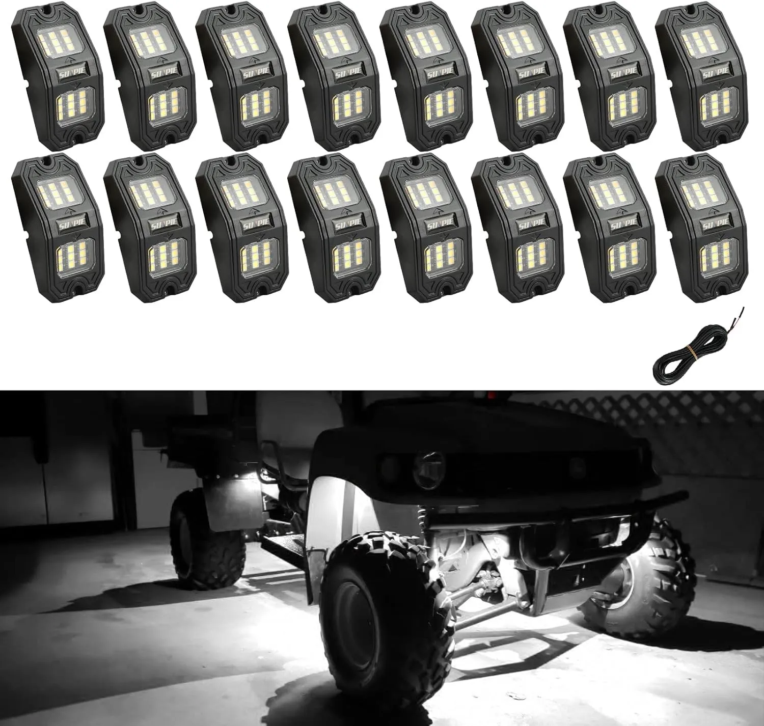 SUNPIE 16 Pods Wide Angle Pure White Rock Lights 6000K for Off Road Truck Car ATV UTV SUV Motorcycle Under Body Glow Light Lamp,65.6ft(20M) Extension Wires Provided