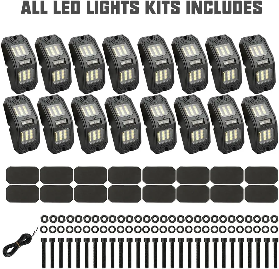 SUNPIE 16 Pods Wide Angle Pure White Rock Lights 6000K for Off Road Truck Car ATV UTV SUV Motorcycle Under Body Glow Light Lamp,65.6ft(20M) Extension Wires Provided