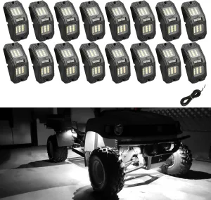 SUNPIE 16 Pods Wide Angle Pure White Rock Lights 6000K for Off Road Truck Car ATV UTV SUV Motorcycle Under Body Glow Light Lamp,65.6ft(20M) Extension Wires Provided